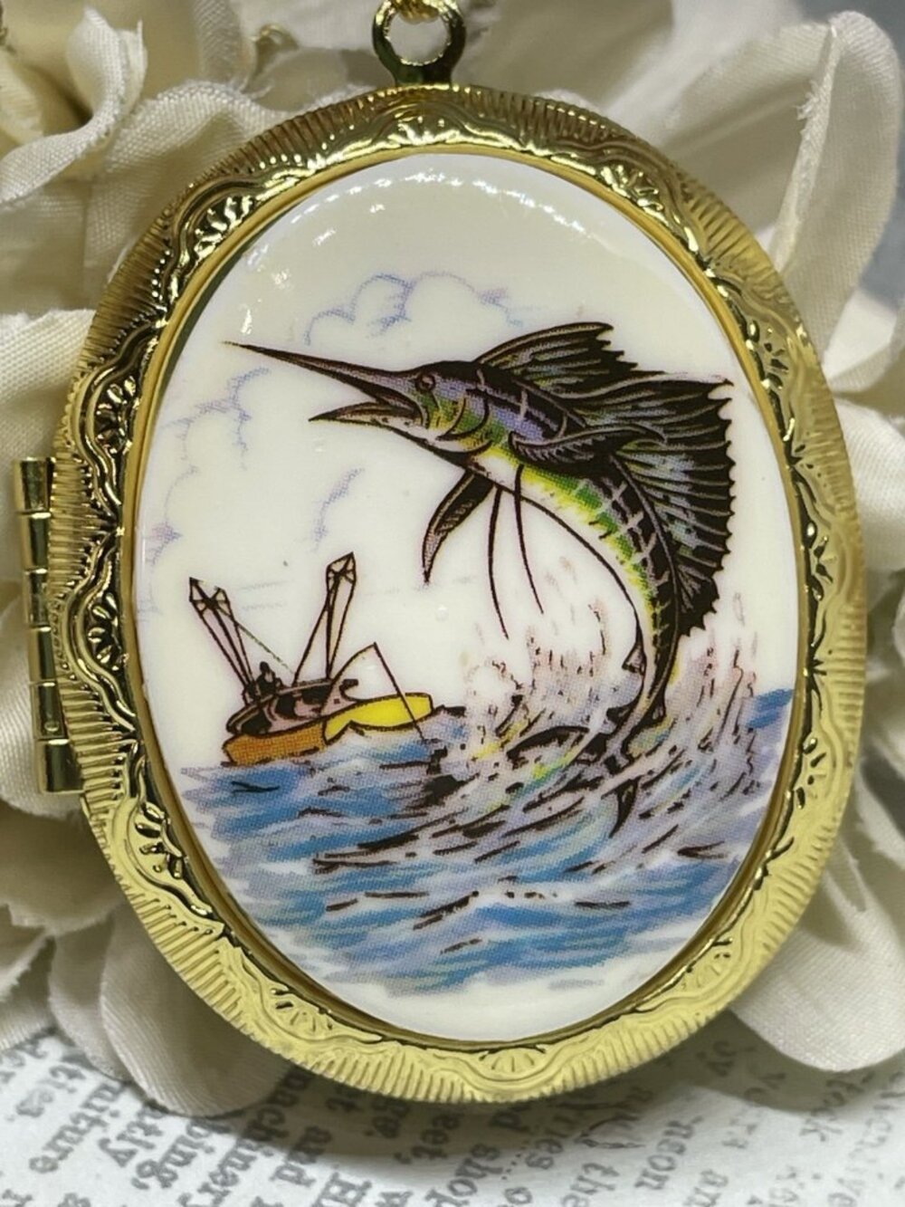GOLD Locket Necklace Beach Marlin Swordfish Sea Wedding Photo Jewelry Birthday - Picture 4 of 10